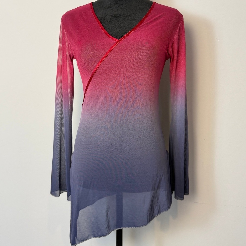 Ombre Sheer Mesh Top Womens Large Dark Pink Blue Asymmetrical Hem Fairy‎